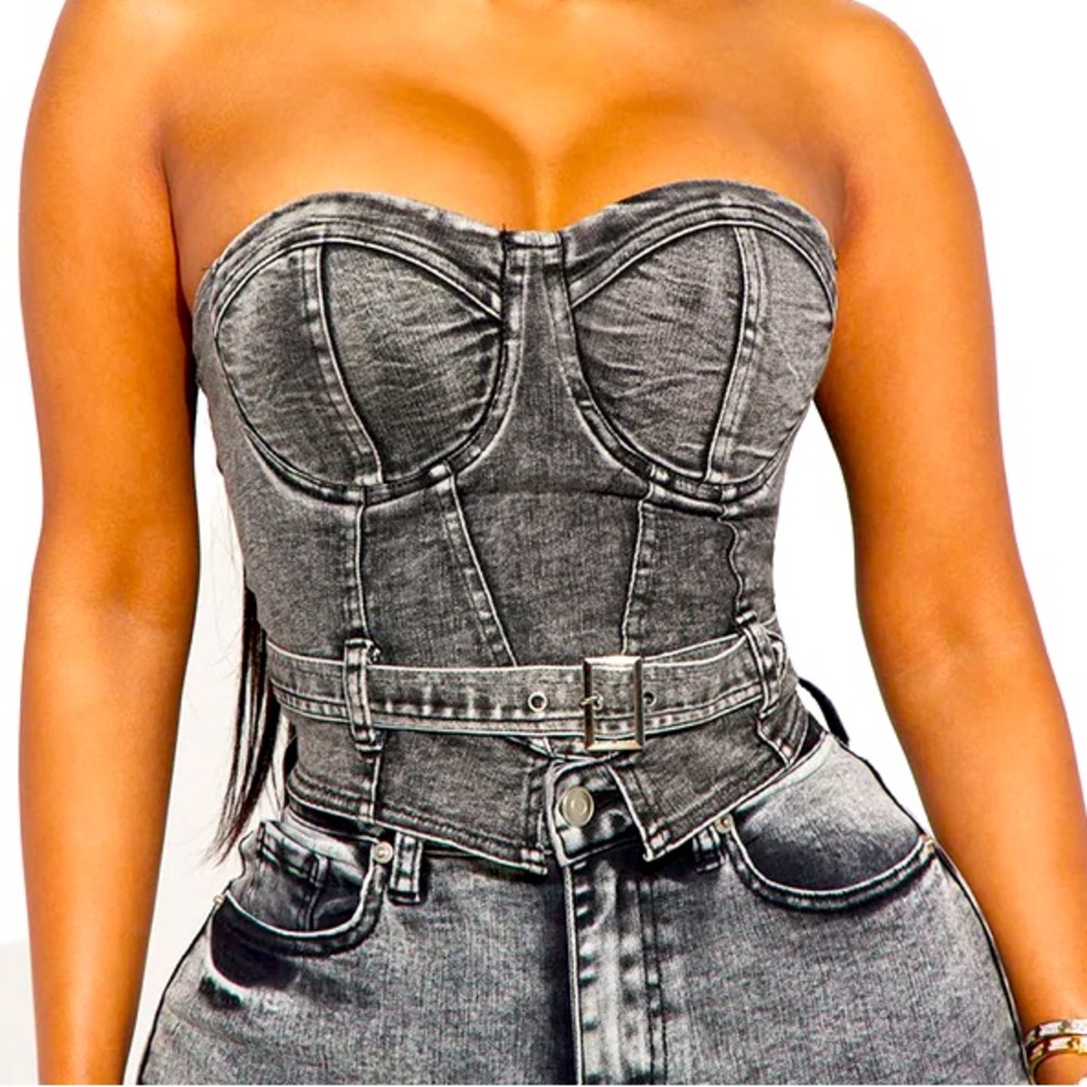 No Invite Denim Corset Top - Acid Wash Black